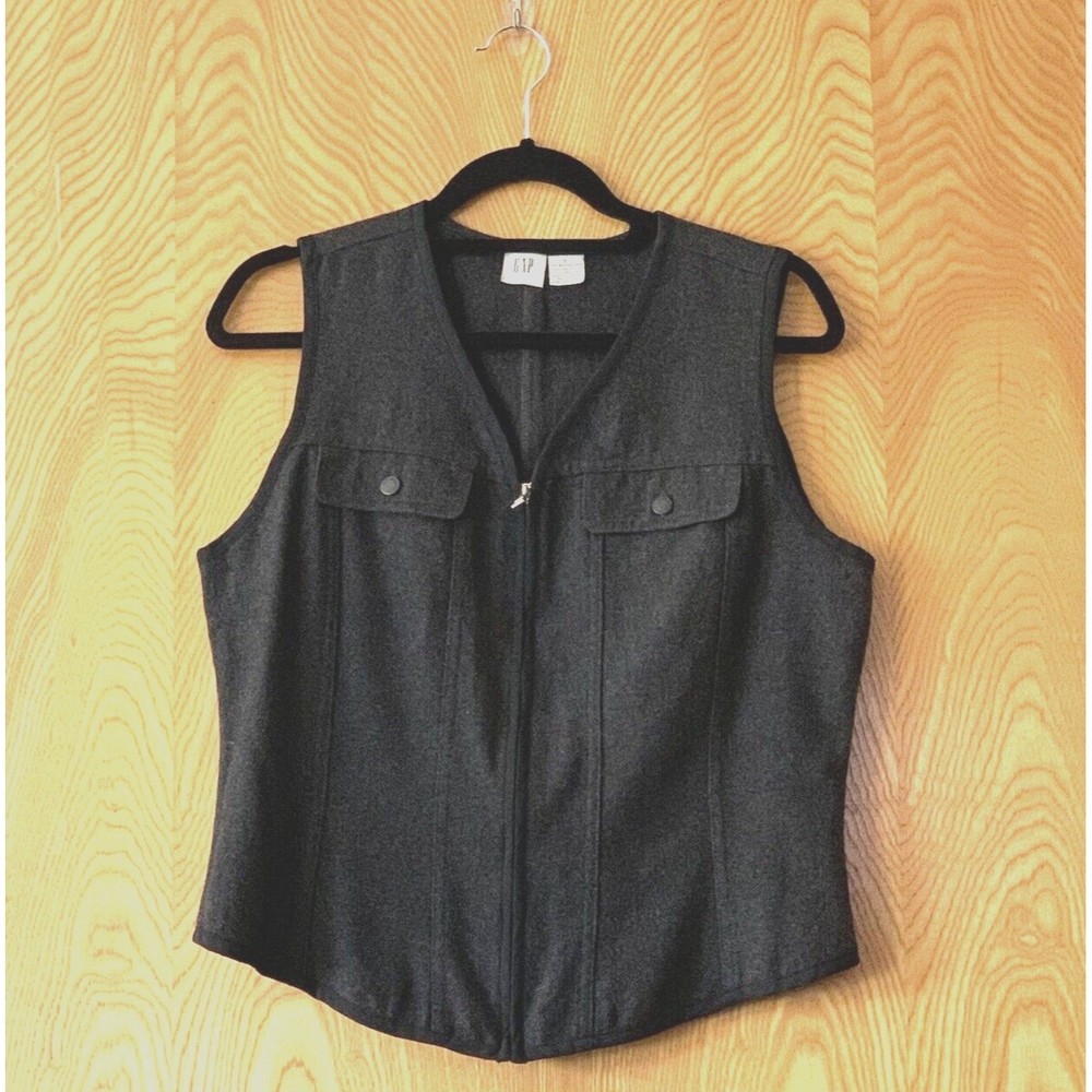 GAP Women's Size Large Vest Sleeveless Dark Grey Recycled Wool Blend Full Zip